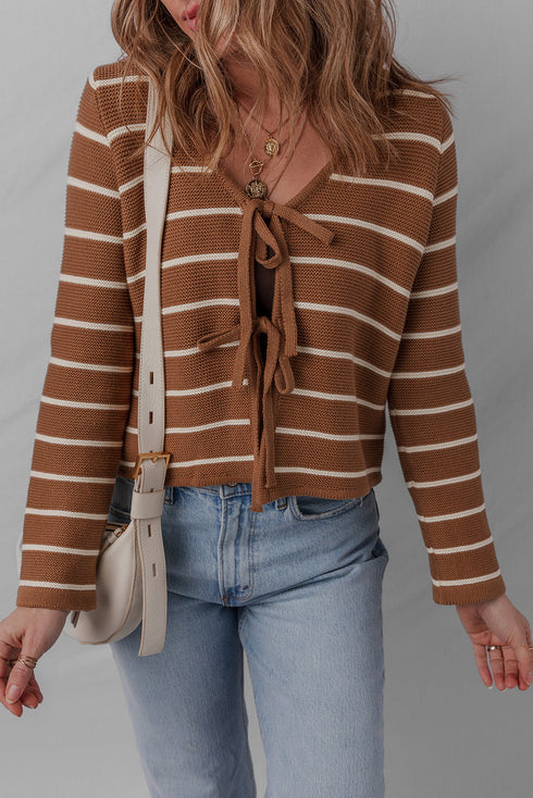 Striped Knit Tie Front V Neck Cardigan